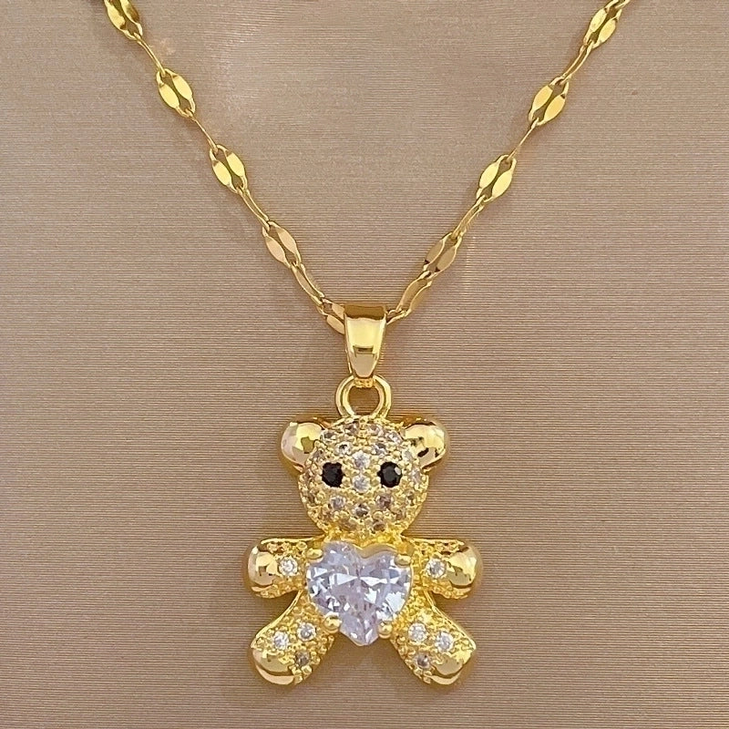 Classic Style Bear Heart Shape Titanium Steel Copper Plating Inlay Zircon Earrings Necklace
