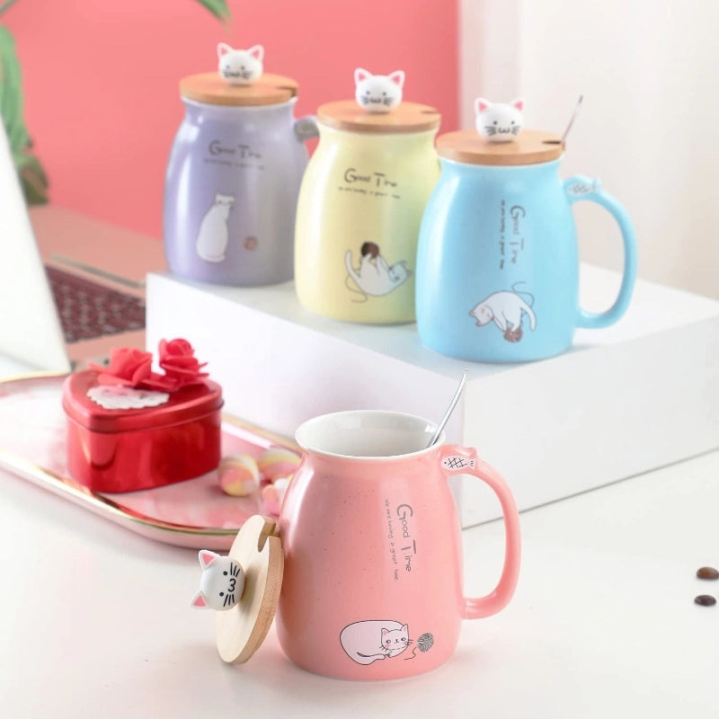 Cartoon Couple Cute Cat Ceramic Water Cup Super Cute Cat Lid Spoon Coffee Cup Breakfast Milk Gift Mug