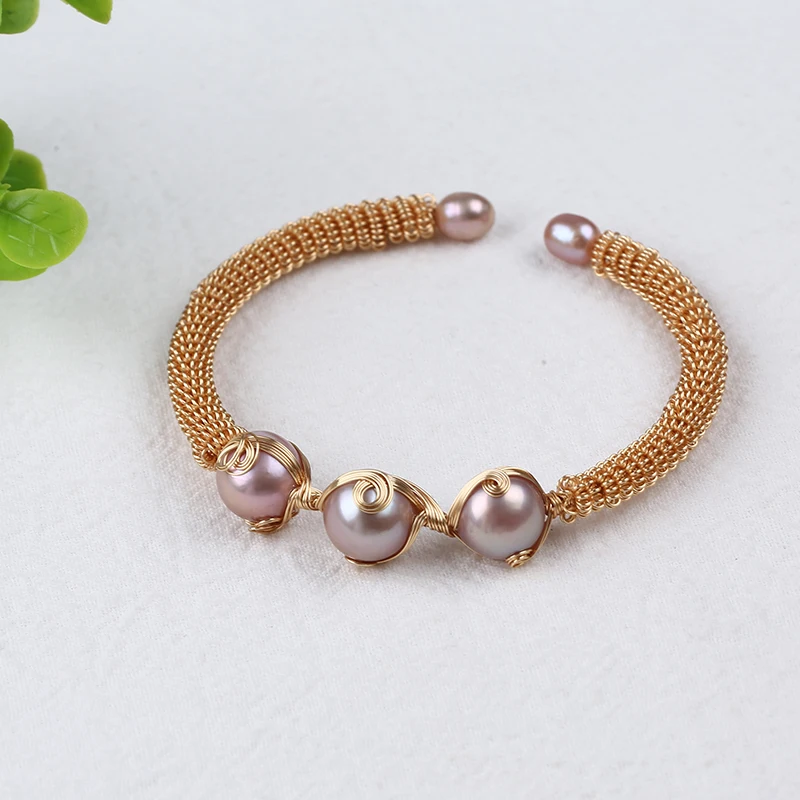 Fahion Freshwater Pearl Wrapped Adjustable Cuff Opening Bangle Bracelet For Women