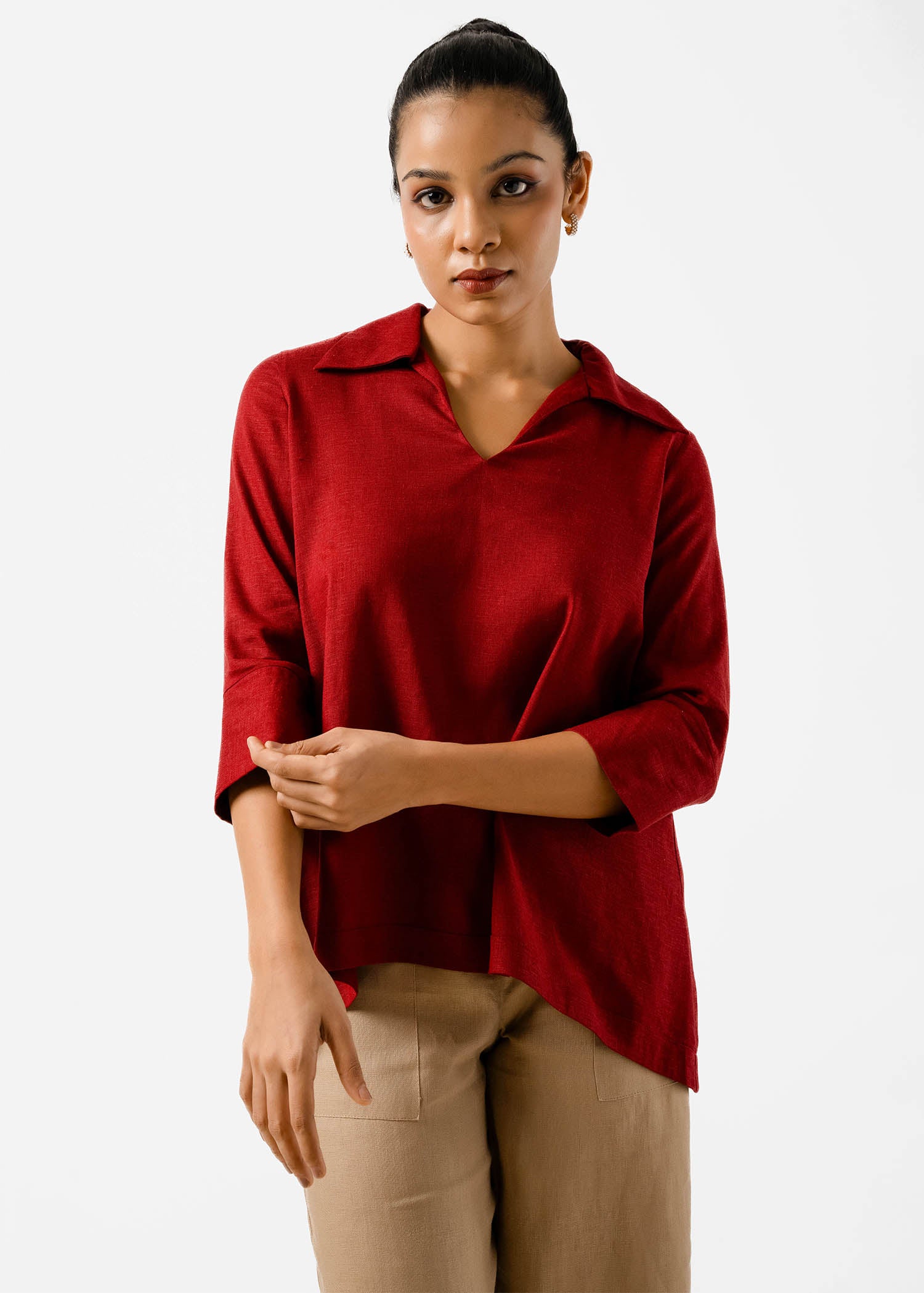 Three Quarter Sleeve Blouse With Collar