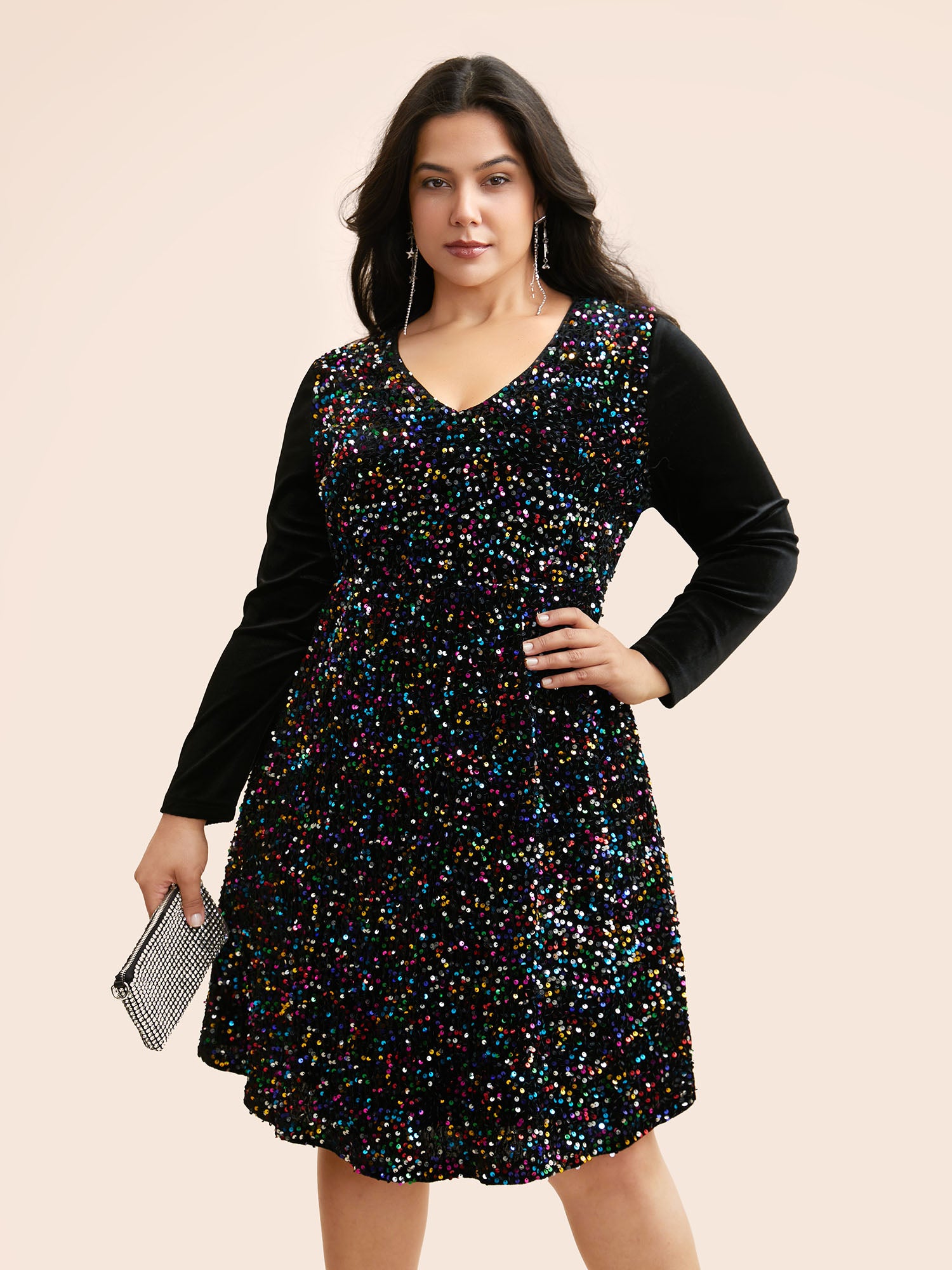 V Neck Sequin Patchwork Dress