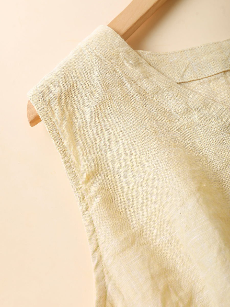 Women Summer Casual Pure Color 100%Linen V-Neck Vest