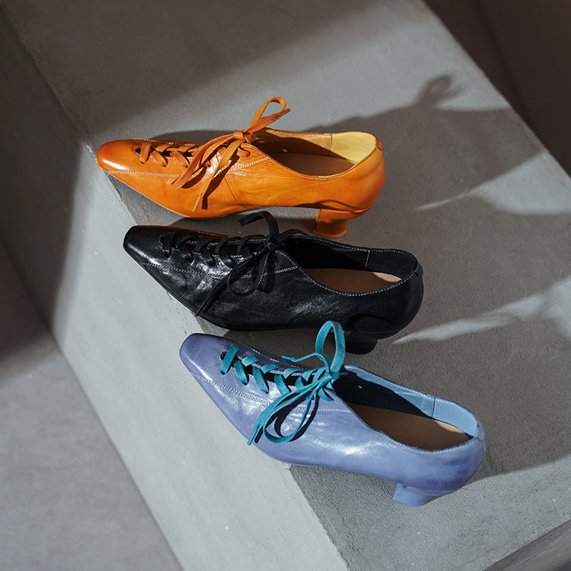 Elegant 60mm Kitten Heel Pointed Toe Handmade Leather Lace-Up Pumps in Yellow/Blue/Black