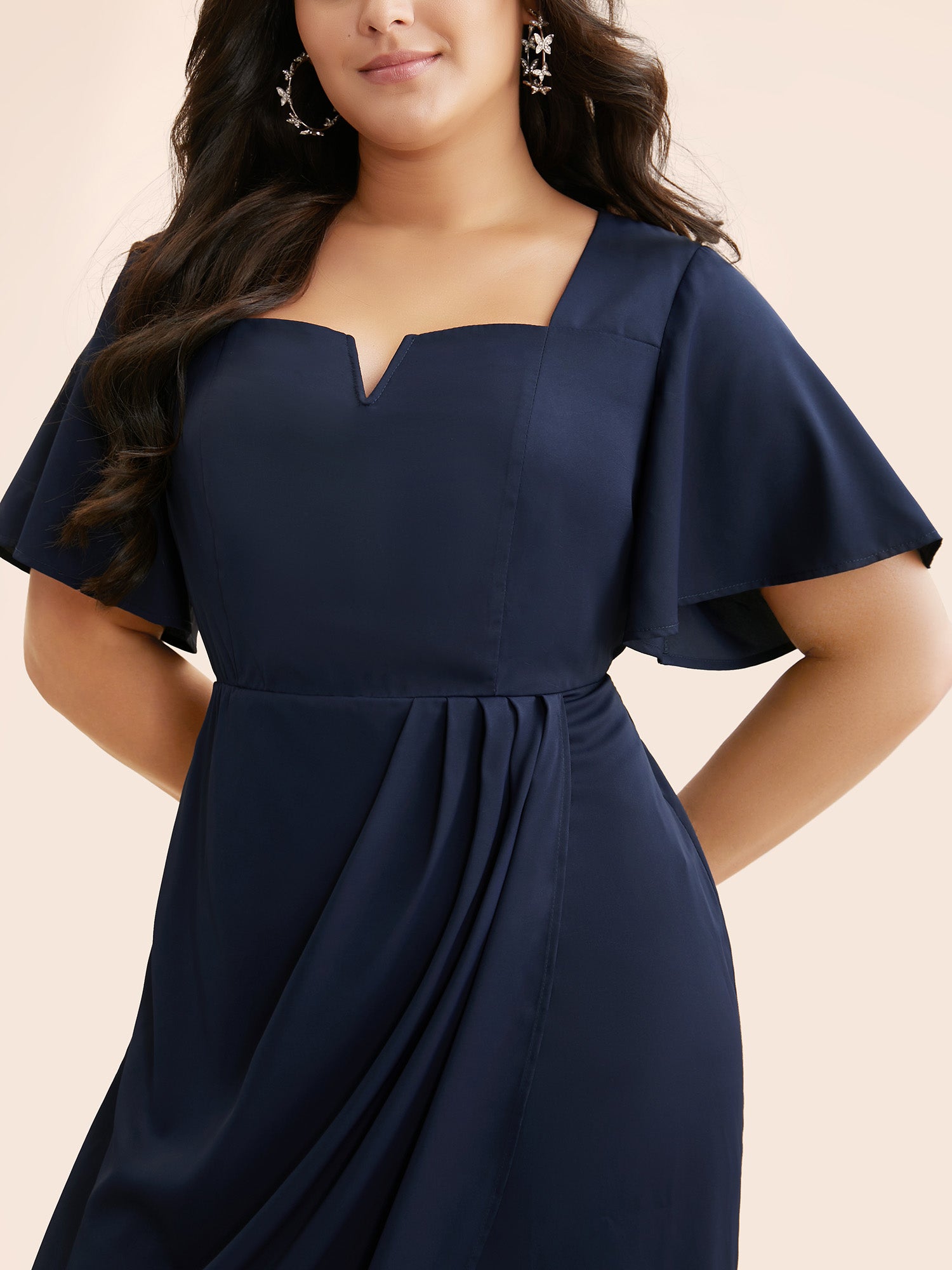 Notched Collar Pleated Ruffle Sleeve Dress