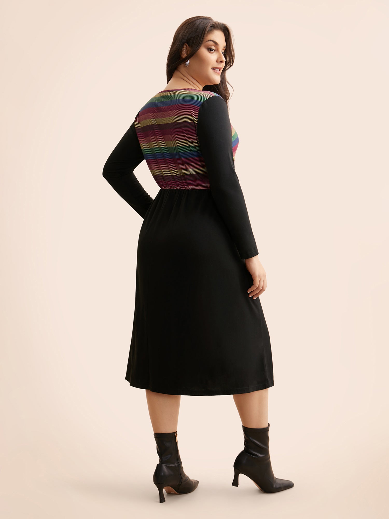 Contrast Striped Button Detail Midi Dress