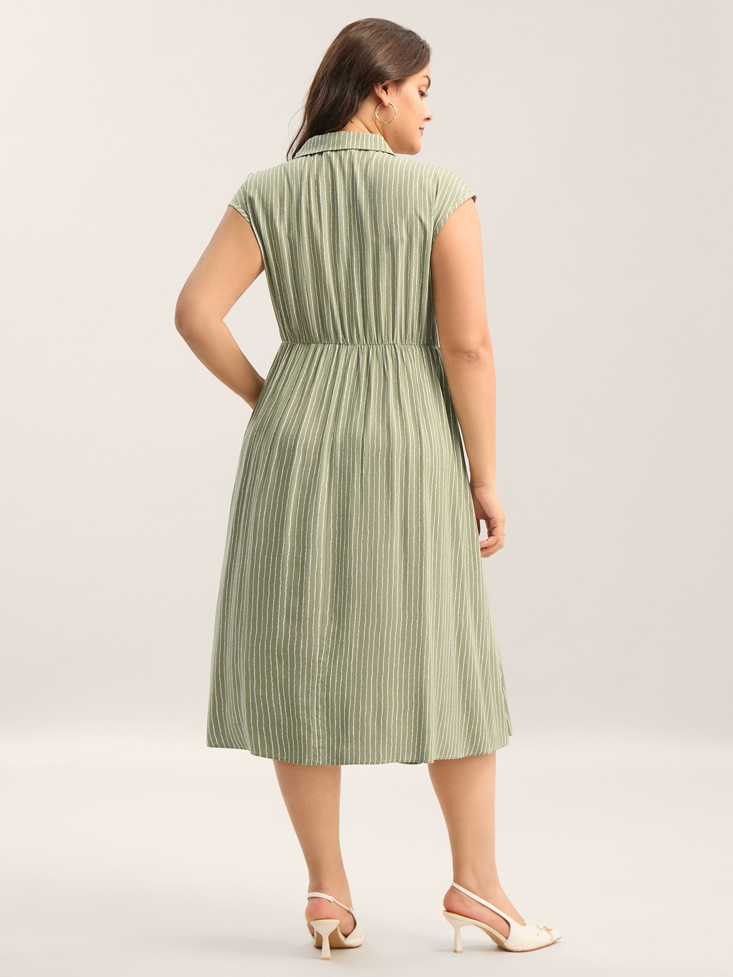 Stripe Print Button Detail Collar Midi Dress