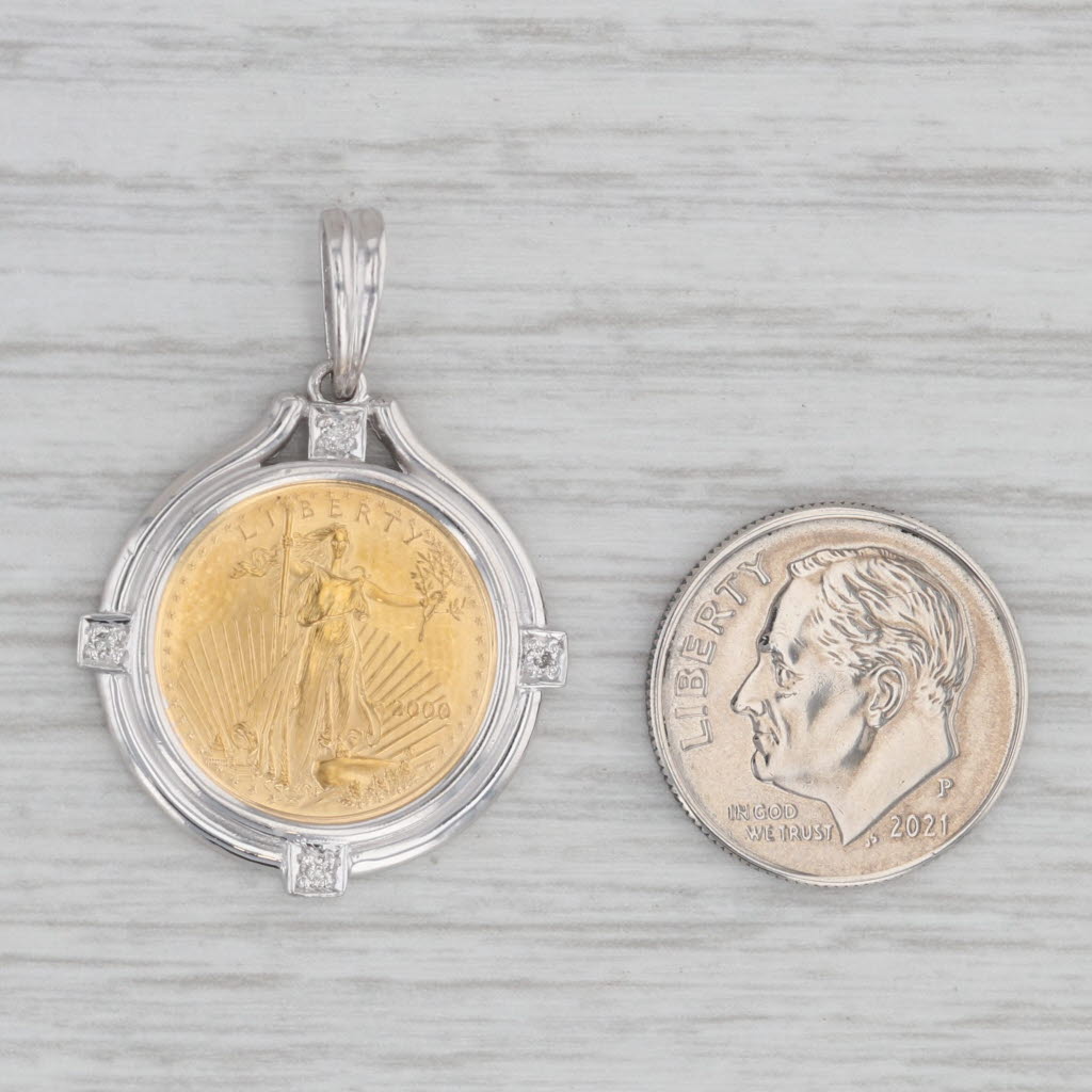 2000 Gold American Eagle Coin Pendant 5 Dollar Diamond Bail 18k 999 1/10oz