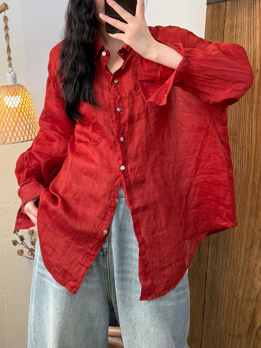 Women Summer Artsy Pure Color Ramie Turn-down Collar Shirt