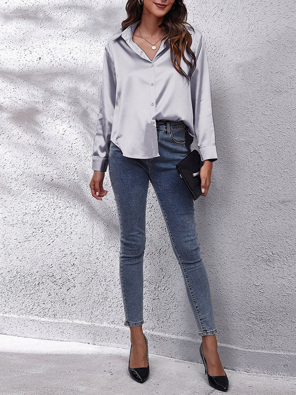 Long Sleeves Loose Solid Color Lapel Blouses&Shirts Tops