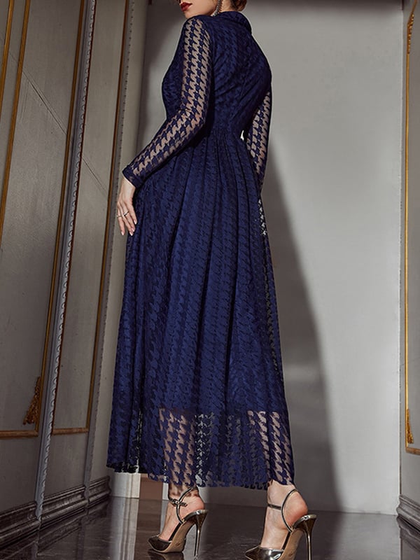 High Waisted Long Sleeves Buttoned Gauze See-Through Solid Color V-Neck Maxi Dresses