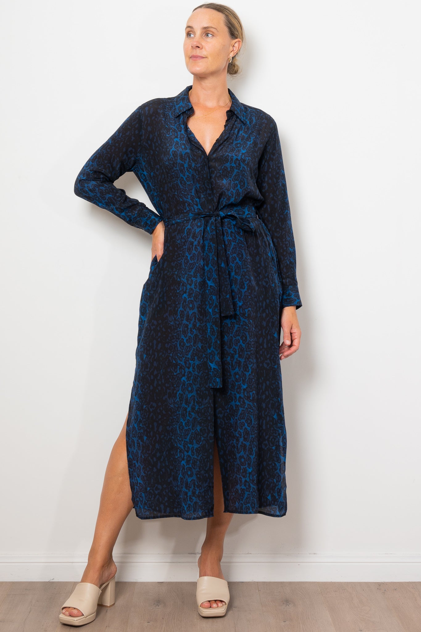 Mela Purdie Tie Shirt Dress Sapphire Leopard Silk Print