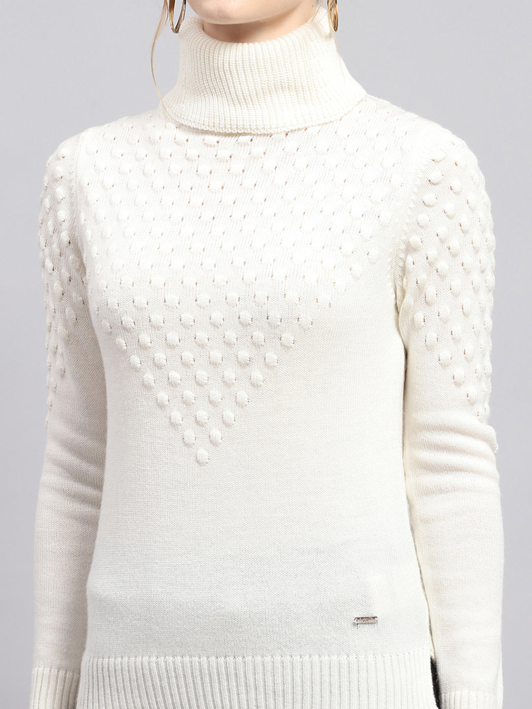 Women White Self Design High Neck Full Sleeve Winter Tops