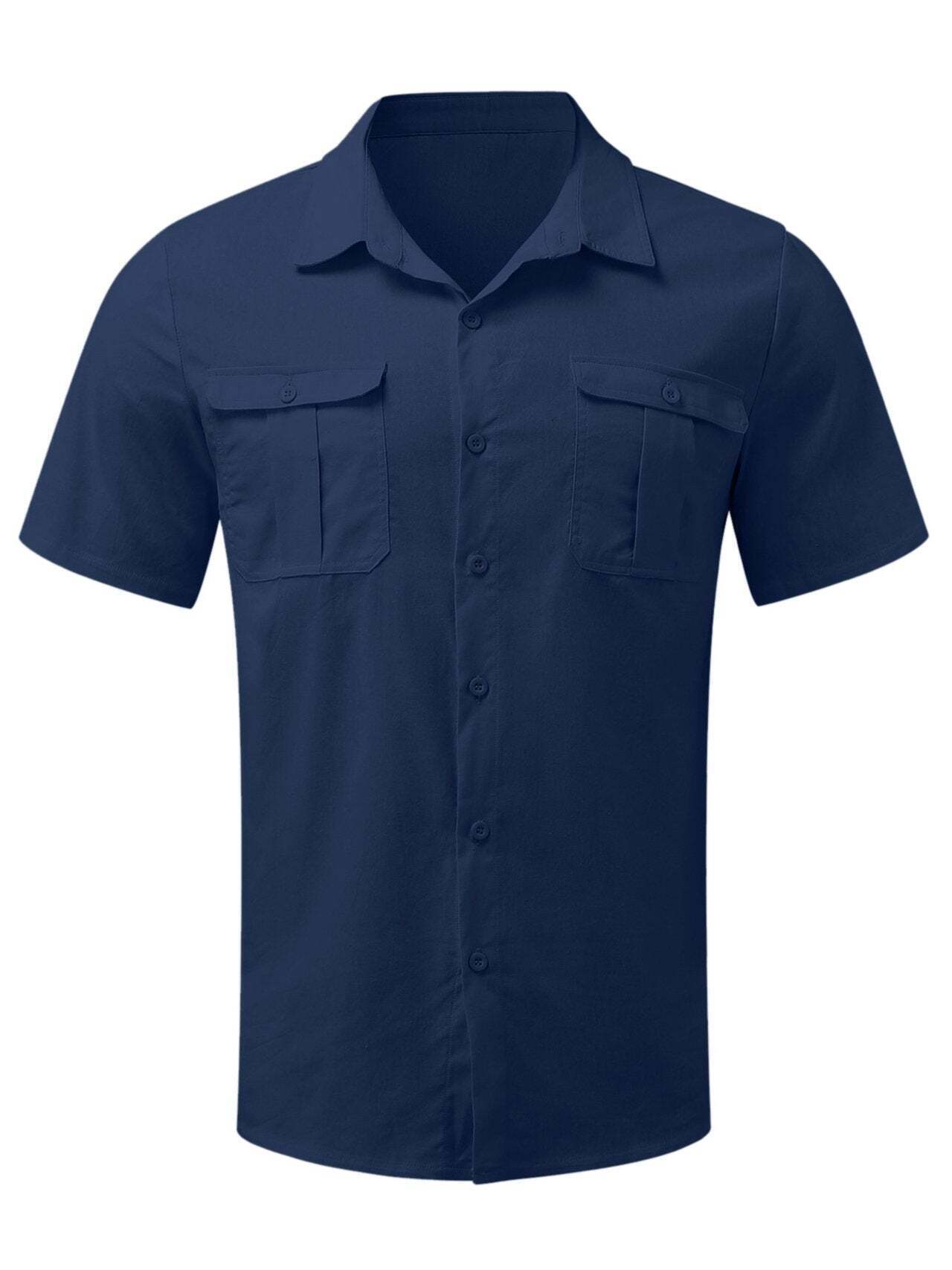 7-Pack Men's Shirts Double Pocket Cotton Linen Short Sleeve Shirts Casual Vacation Shirts