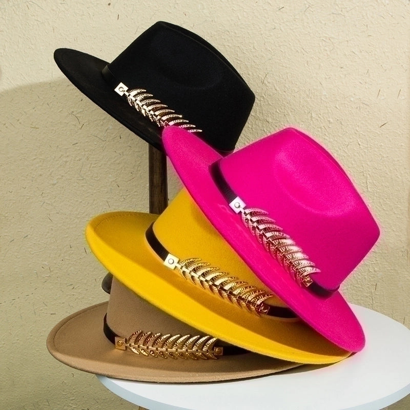 Unisex Retro Classic Style Leaves Solid Color Belt Buckle Wide Eaves Fedora Hat