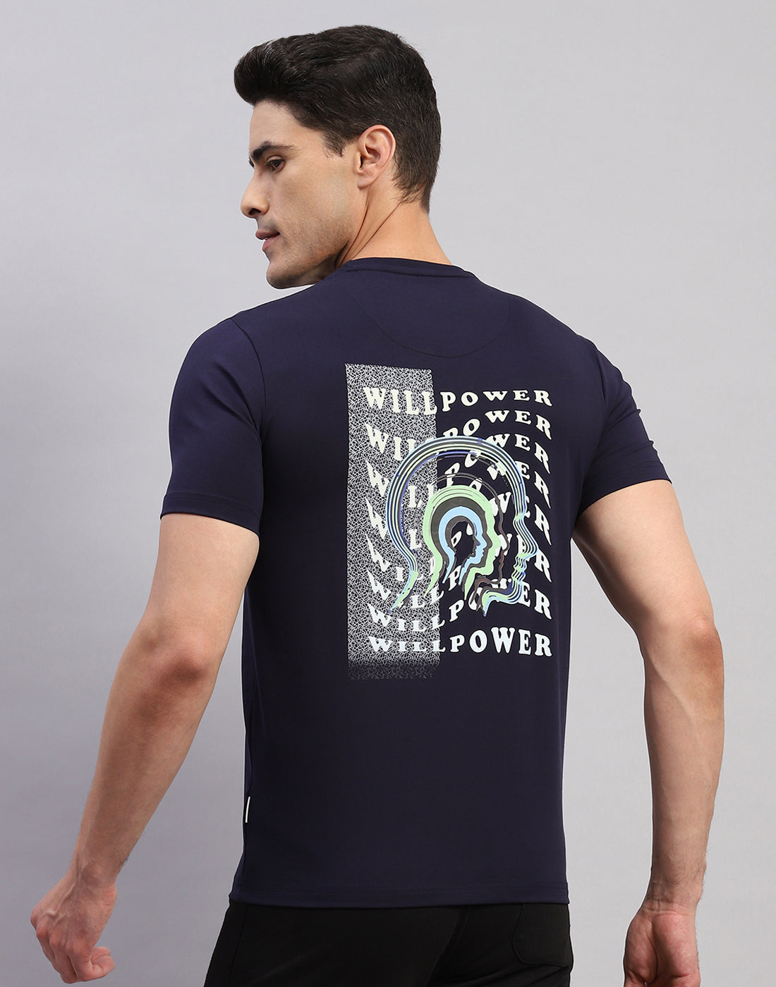 Men Navy Blue Printed Round Neck Half Sleeve T-Shirt