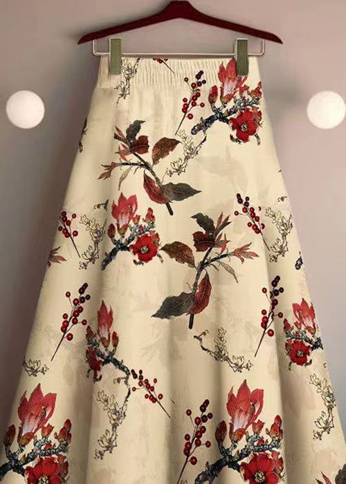 Elegant Khaki Print Elastic Waist Cotton Skirt Summer