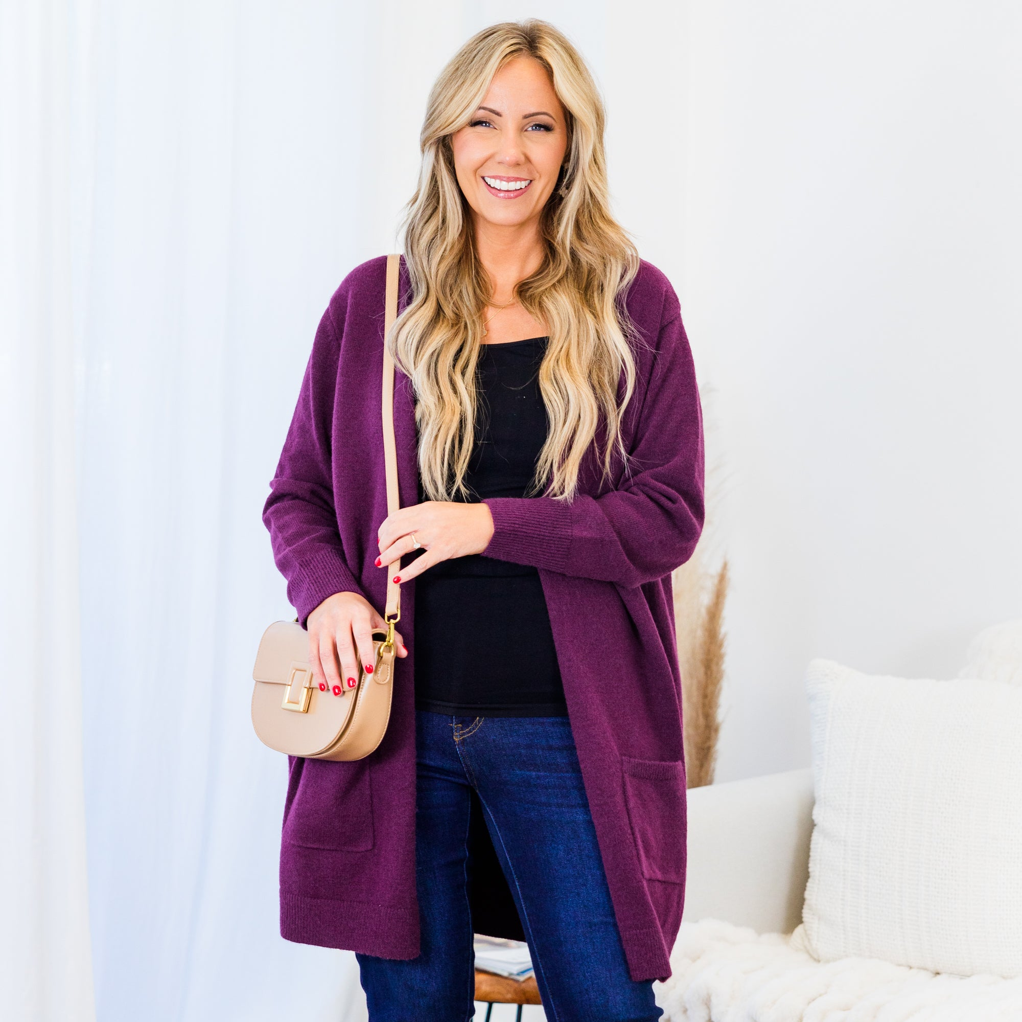 Bundled Up In Joy Cardigan. Plum