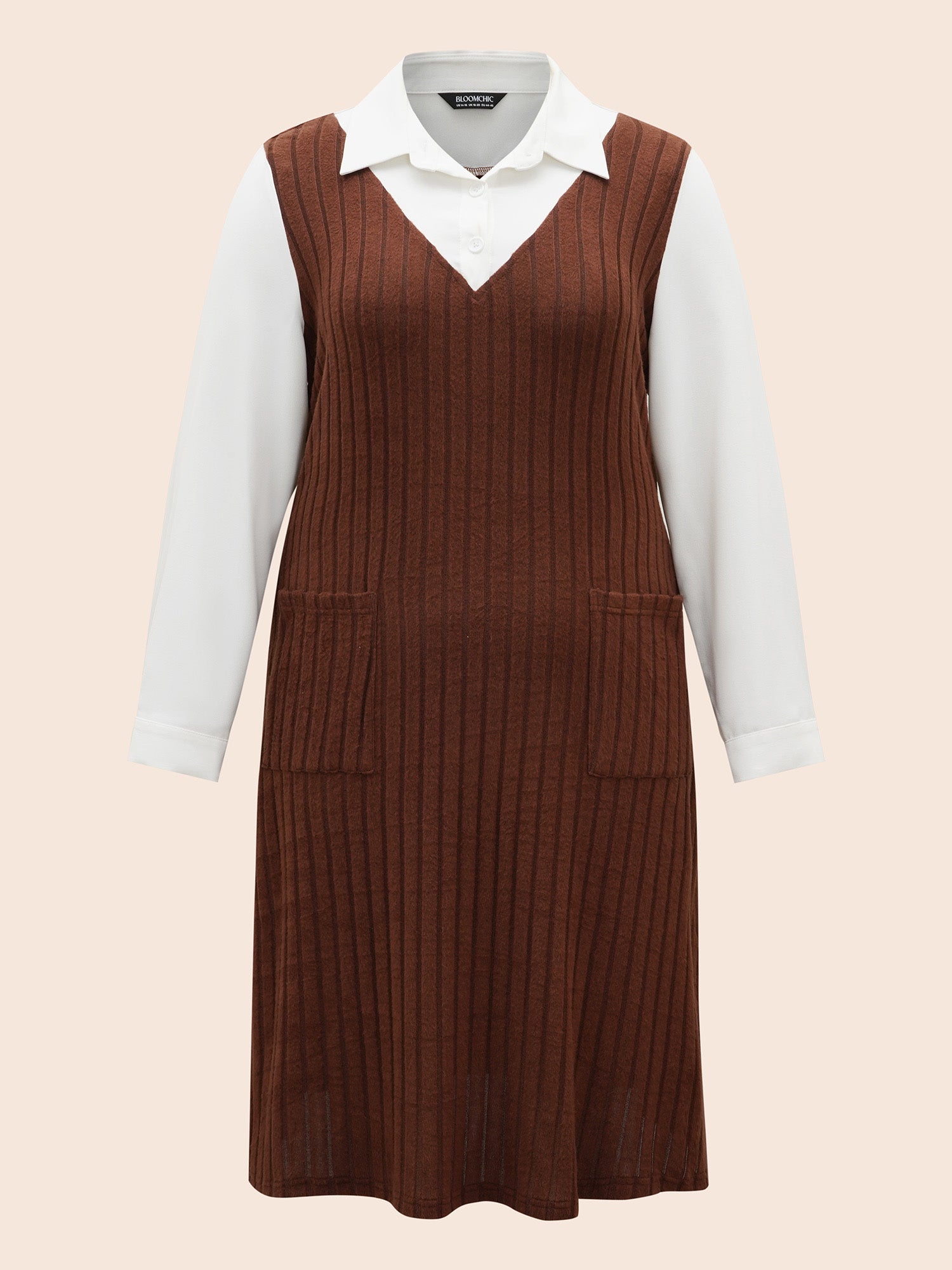 Shirt Collar Rib Knit Patchwork Dress