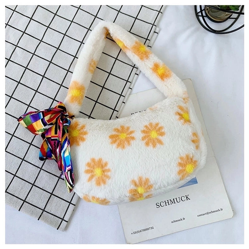 Women's Small Summer Velvet Flower Classic Style Pillow Shape Zipper Shoulder Bag
