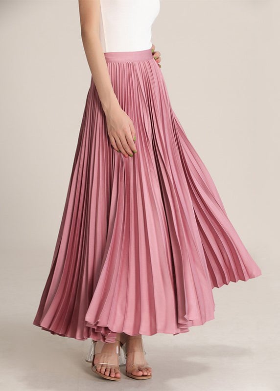 Pink Solid High Waist Silk Pleated Skirt Zippered Summer
