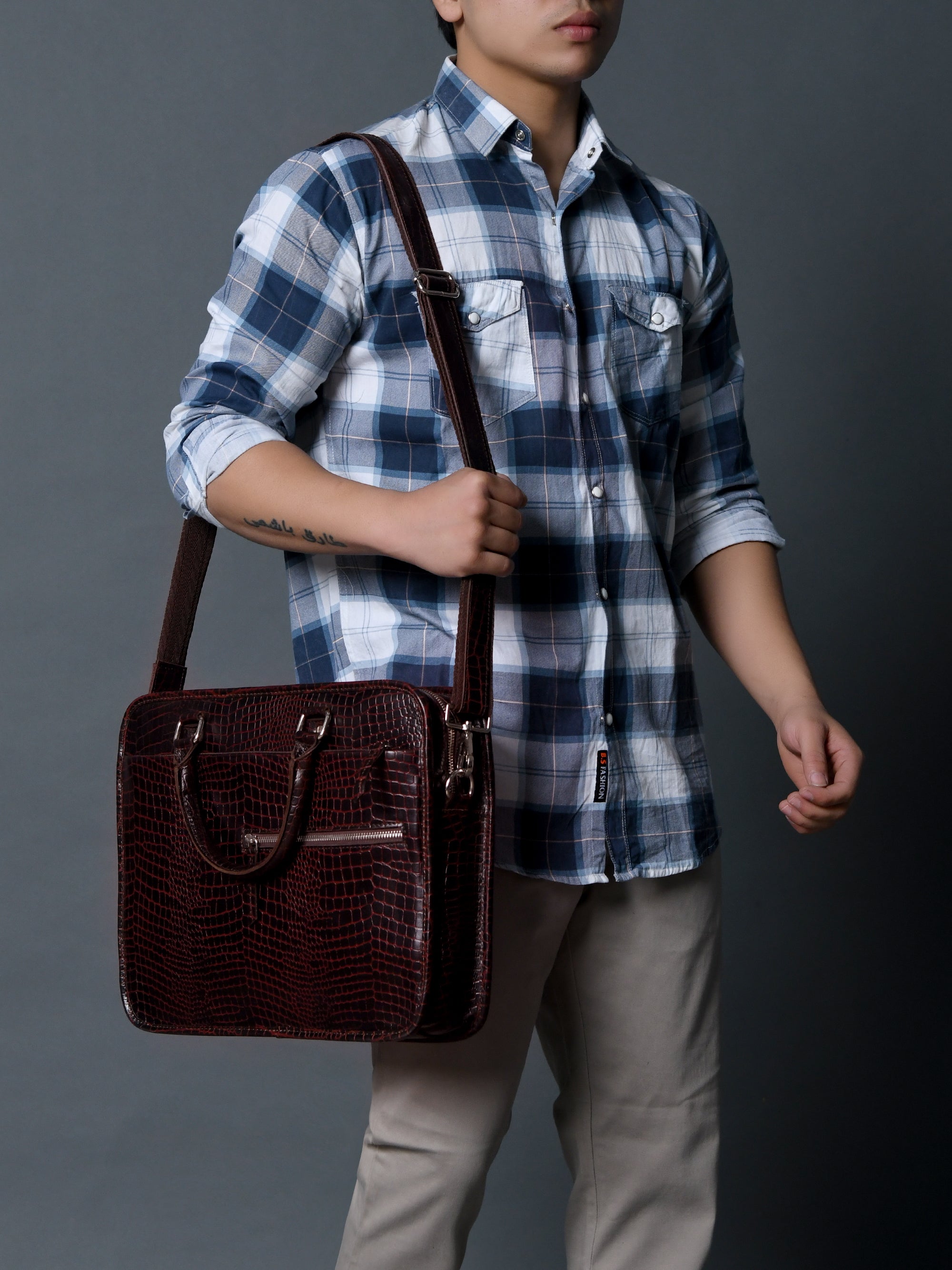 Croco Leather Computer Bag. Dark Brown