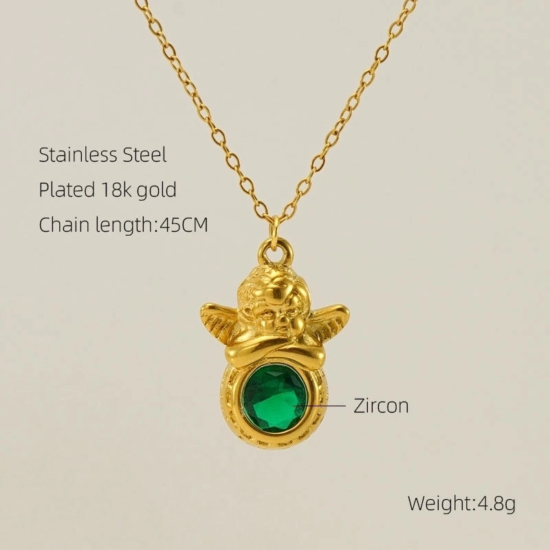 Stainless Steel 18K Gold Plated Retro Plating Inlay Oval Eye Gem Pearl Pendant Necklace Long Necklace
