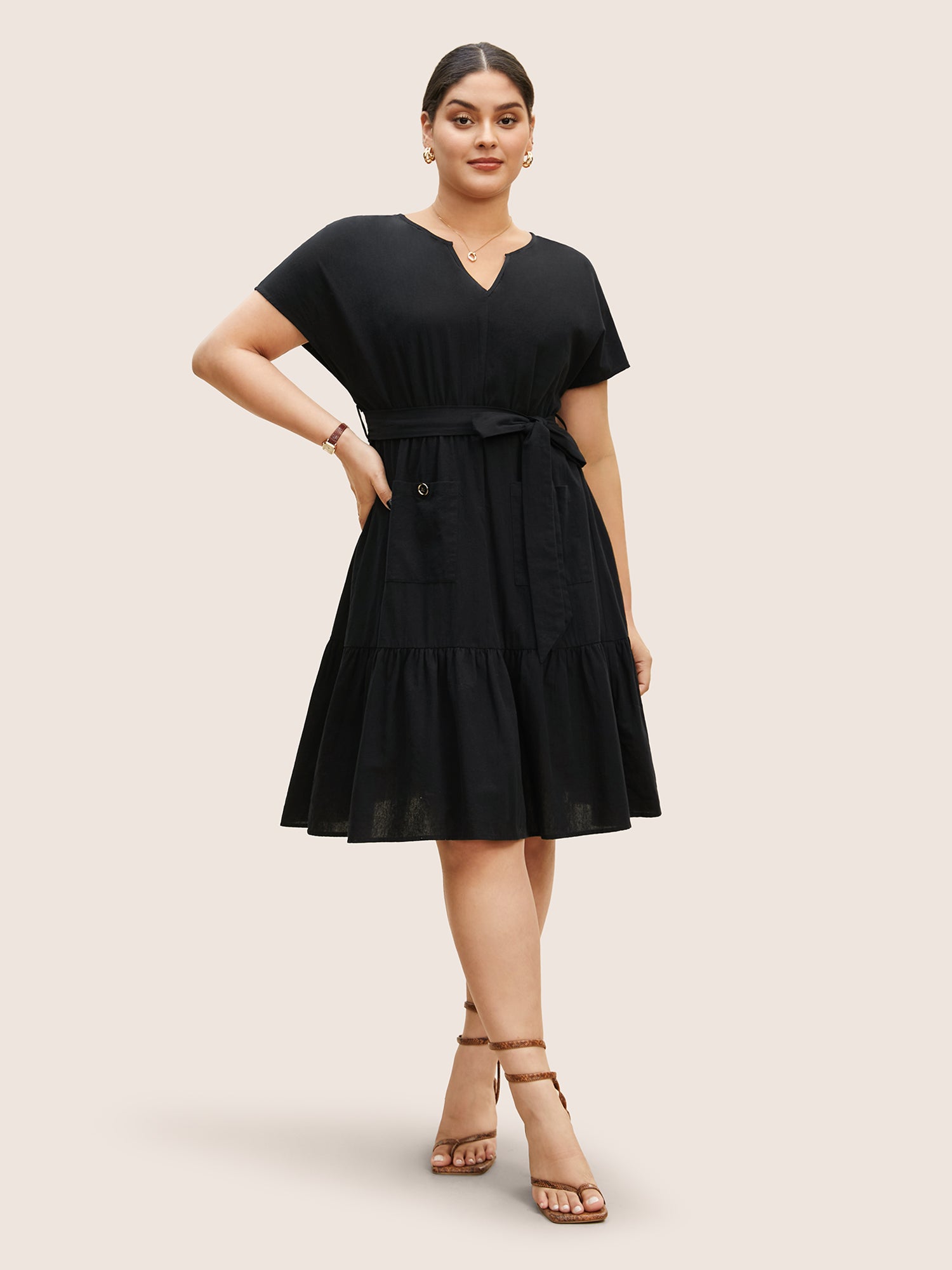 Solid Patched Pocket Belted Batwing Sleeve Dress