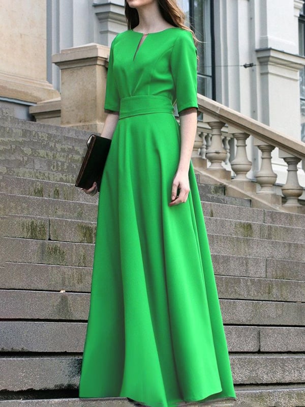 Half Sleeves High Waisted Solid Color Tied Waist V-Neck Maxi Dresses