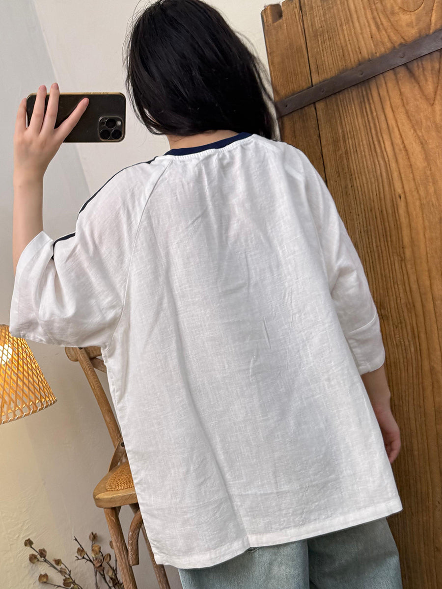 Women Summer Casual Srtipe Spliced O-Neck Linen Shirt