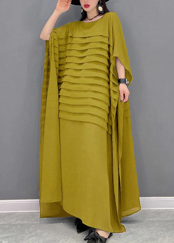 Bohemian Green O-Neck Striped Chiffon Ankle Dress Batwing Sleeve