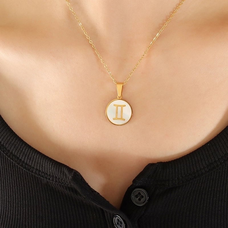 Retro Constellation 304 Stainless Steel Shell 18K Gold Plated Inlay Pendant Necklace