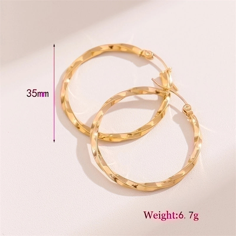 2 Pieces Retro Minimalist Round Waves Plating 201 Stainless Steel 18K Gold Plated Hoop Earrings