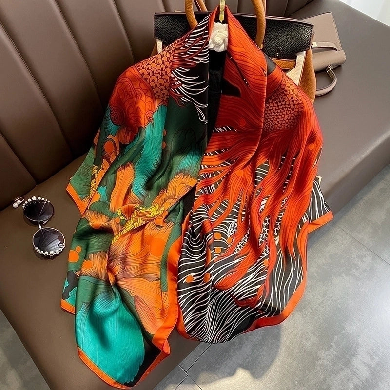 Classic Blue Orange Big Flower Simulation Silk Scarf Large Square Shawl