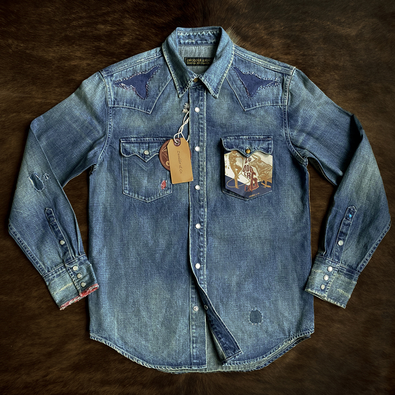 American Western Denim Stitching Washed Distressed Casual Shirt