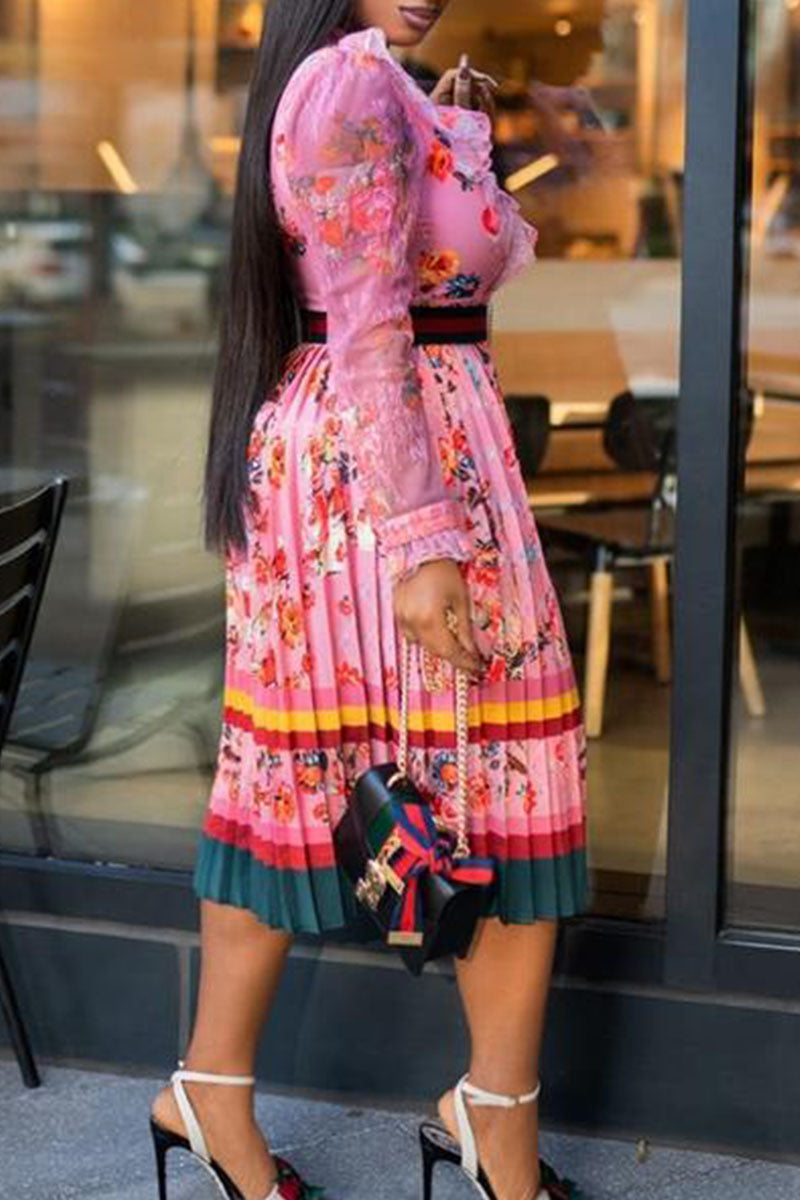 Elegant Print Patchwork Flounce Fold O Neck A Line Dresses