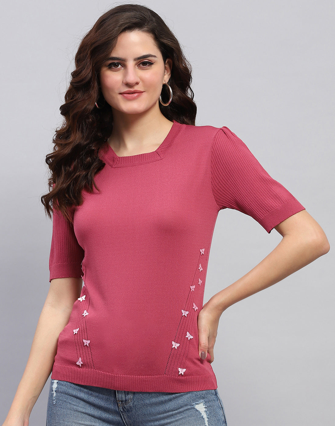 Women Pink Solid Round Neck Half Sleeve Top