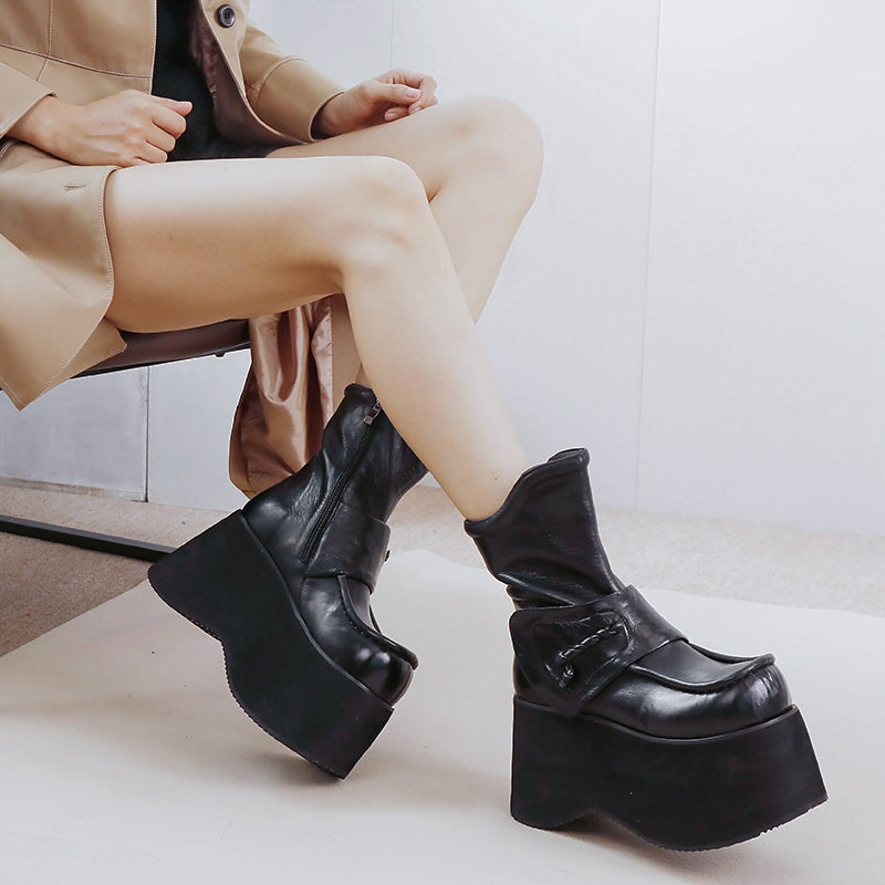 Retro Boots For Women Leather 90mm Platform Boots Touch-strap in Black/Coffee