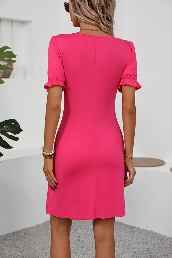Fashion Solid Round Neck Frill Mini Dress
