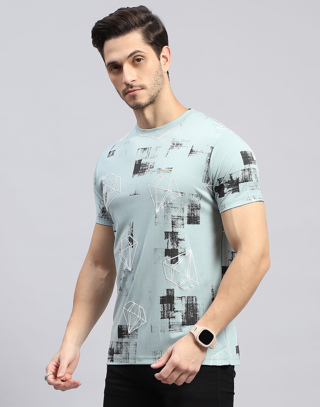 Men Sky Blue Printed Round Neck Half Sleeve T-Shirt