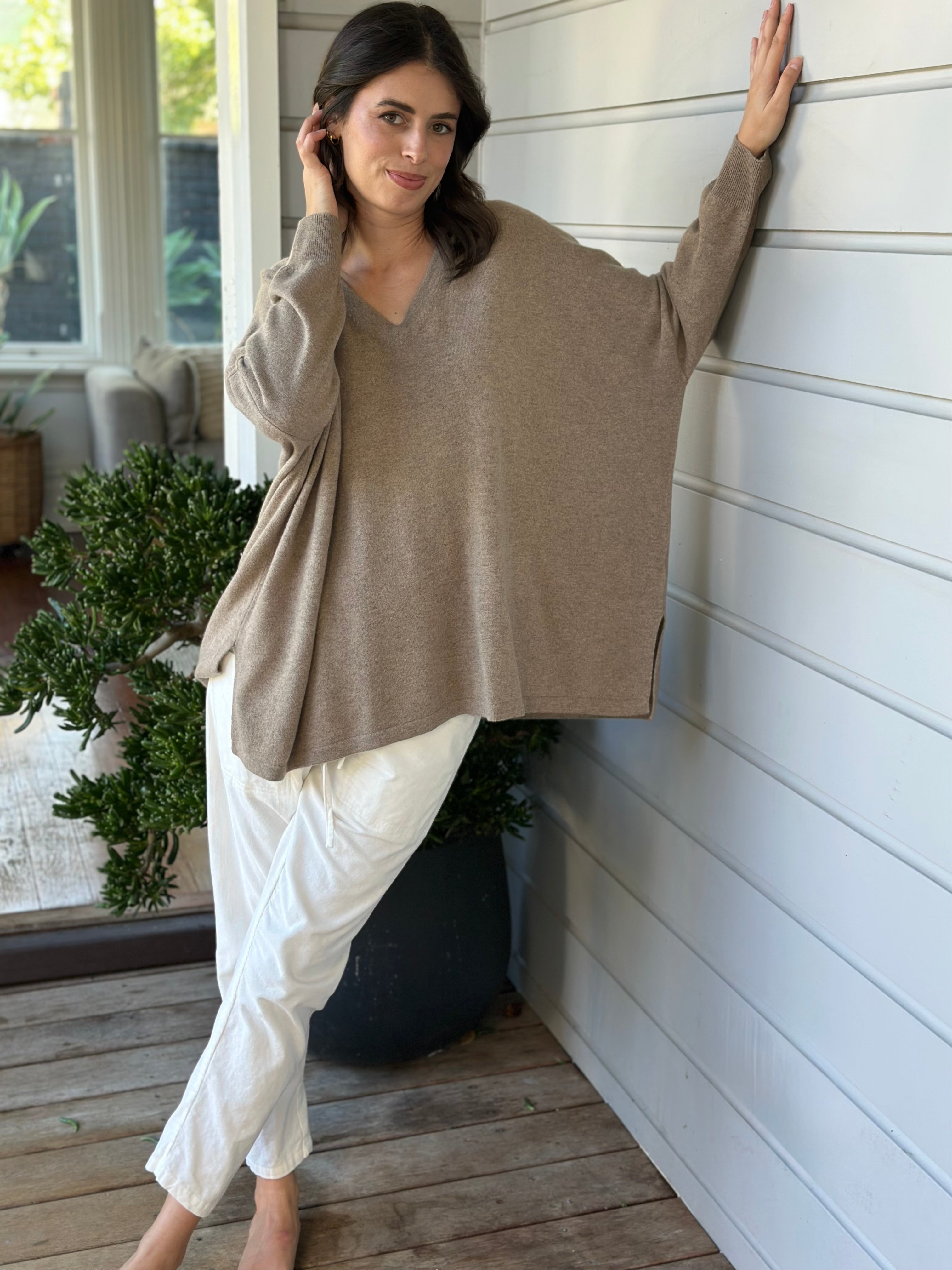 relaxed boyfriend knit- wheat cashmere