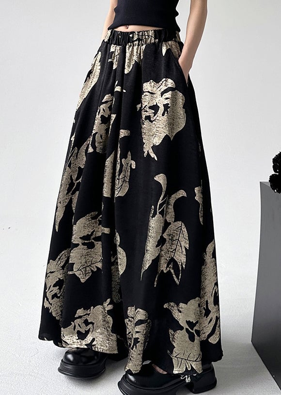 Chinese Style Black Print Elastic Waist A Line Skirts