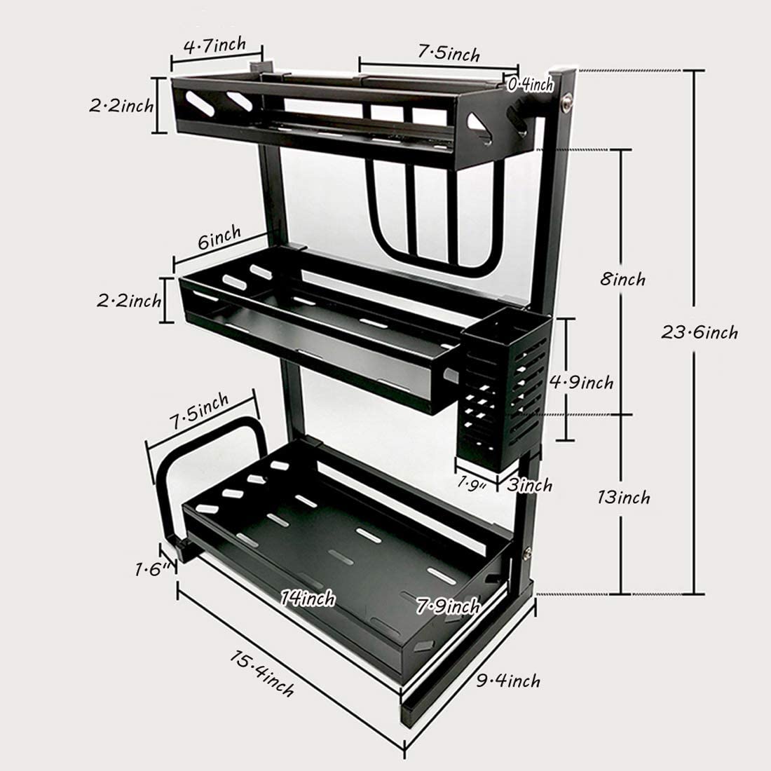 3 Tier Metal Countertop Kitchen Spice Rack Standing Corner Shelf Removable Seasoning Organizer Jars Bottle Storage Knife Utensils Holder with 3 Hooks. Black