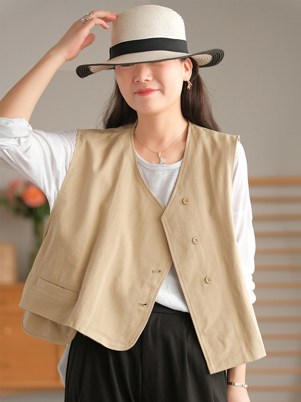 Vintage Asymmetric Solid Color Buttoned Vest Top