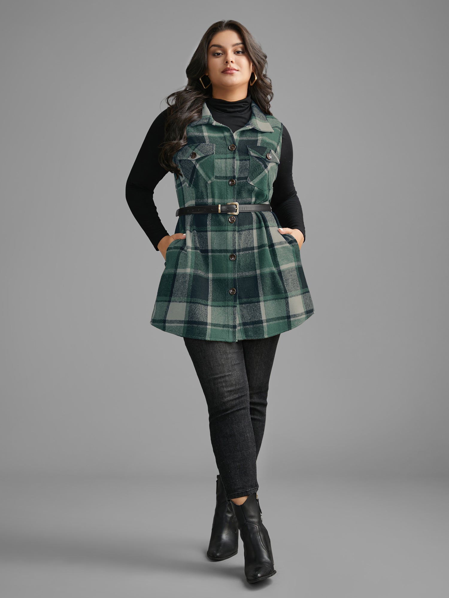 Plaid Flap Detail Sleeveless Jacket