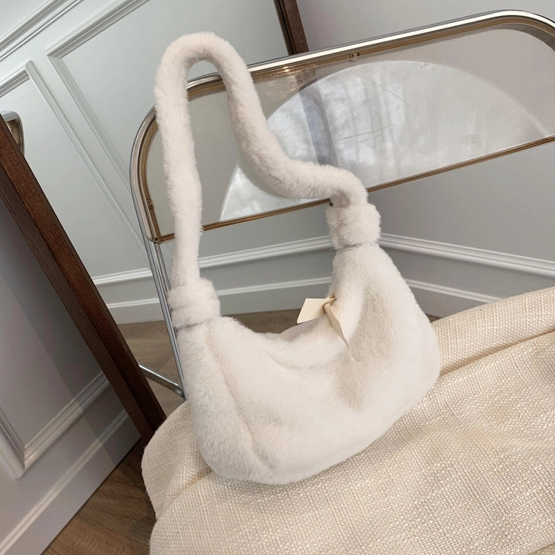 Korean Style Autumn And Winter Mao Solid Color Mini Bag Casual Fashion Internet Popular Underarm Women's Bag Fashionable Western Style Plush Handbag
