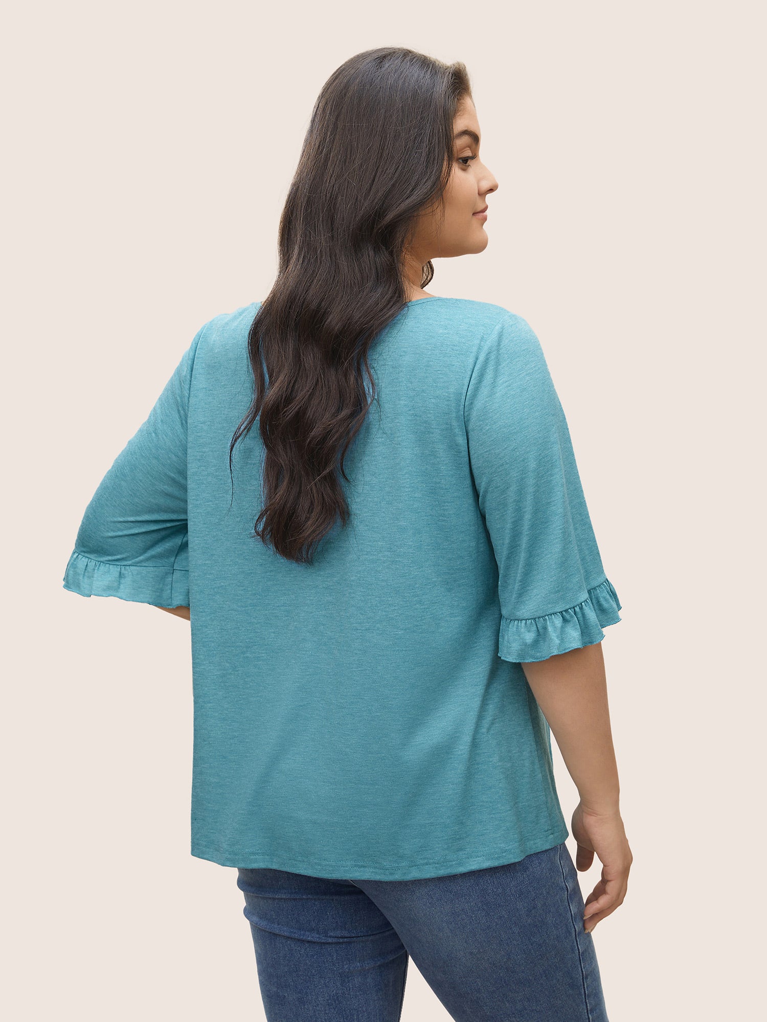 Sqaure Neck Ruffle Sleeve Gathered T-shirt