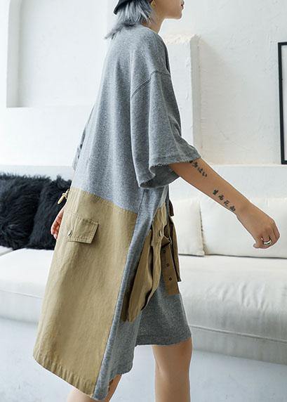 Loose patchwork big pockets Cotton clothes Women Inspiration gray Dresses summer