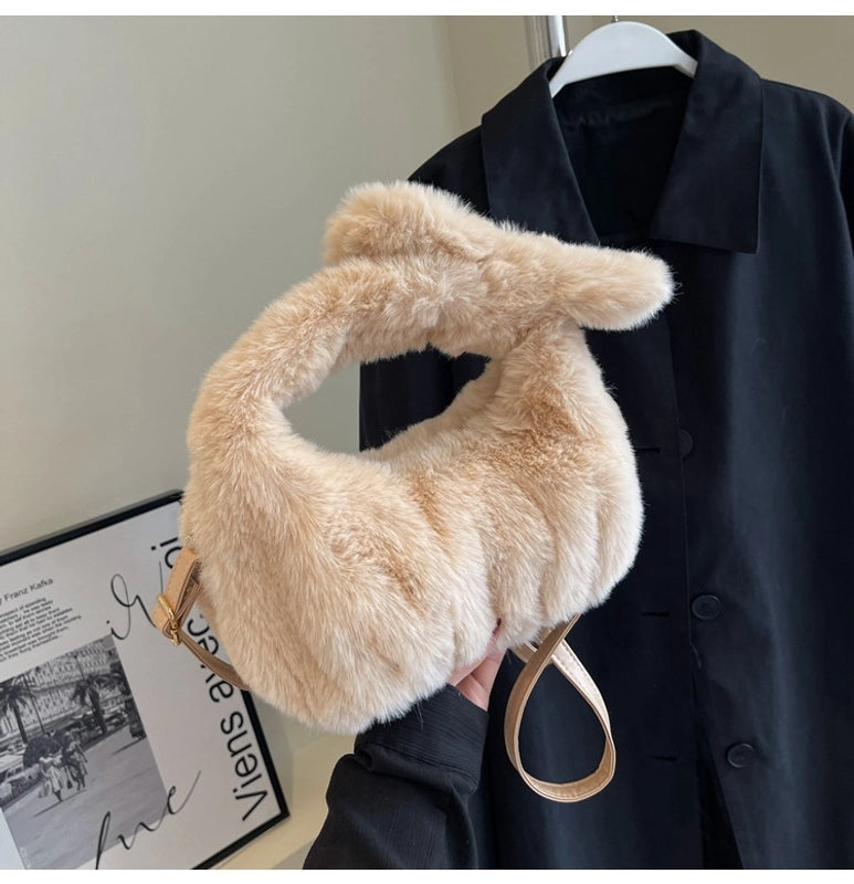 Women's Small Plush Solid Color Elegant Bucket Zipper Shoulder Bag Handbag Crossbody Bag