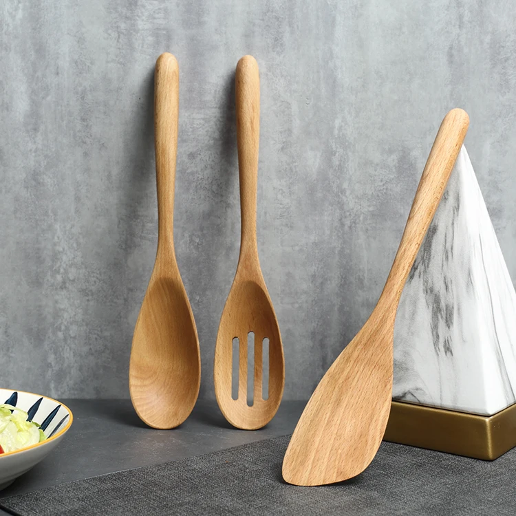 Eco Friendly   Kitchen Beech Wood Solid Spoon Slotted Spoon Spatula Utensil Set of 3