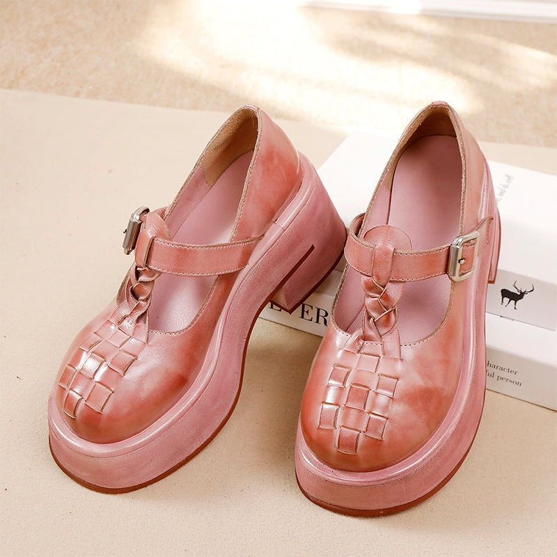 Woven T-Strap 52mm Washed Cowhide Platform Mary Jane Shoes in Black/Pink Purple